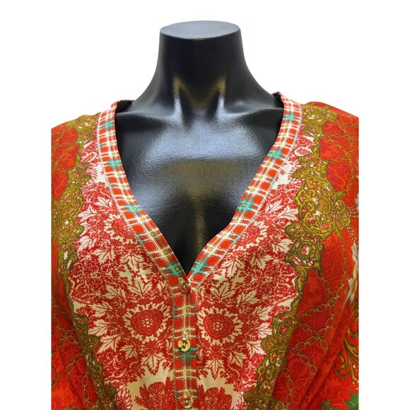 Johnny Was Red Multi-Print Long-Sleeve Silk Dress L - Picture 5 of 9